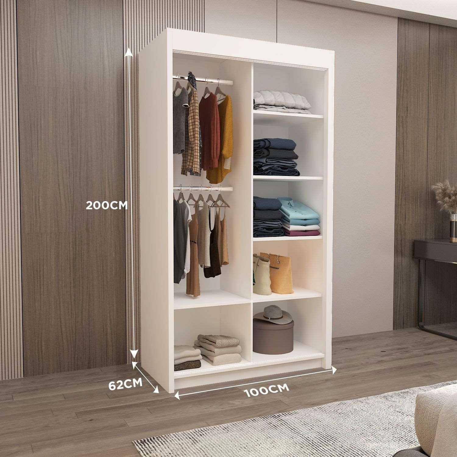 Lyon Mirror Sliding Door Wardrobe - Modern Design,Ample Storage, White/Grey/Black/Oak