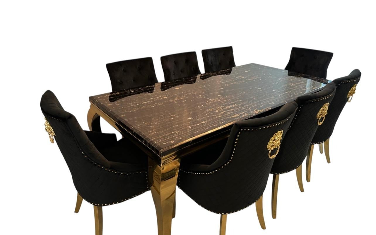 Clara Gold Dining Table Set with Velvet Lion-Head Chairs