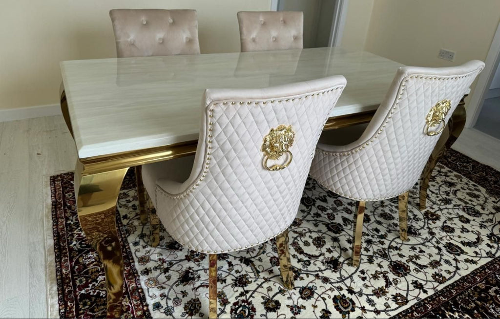 Clara Gold Dining Table Set with Velvet Lion-Head Chairs