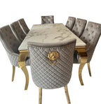 Clara Gold Dining Table Set with Velvet Lion-Head Chairs