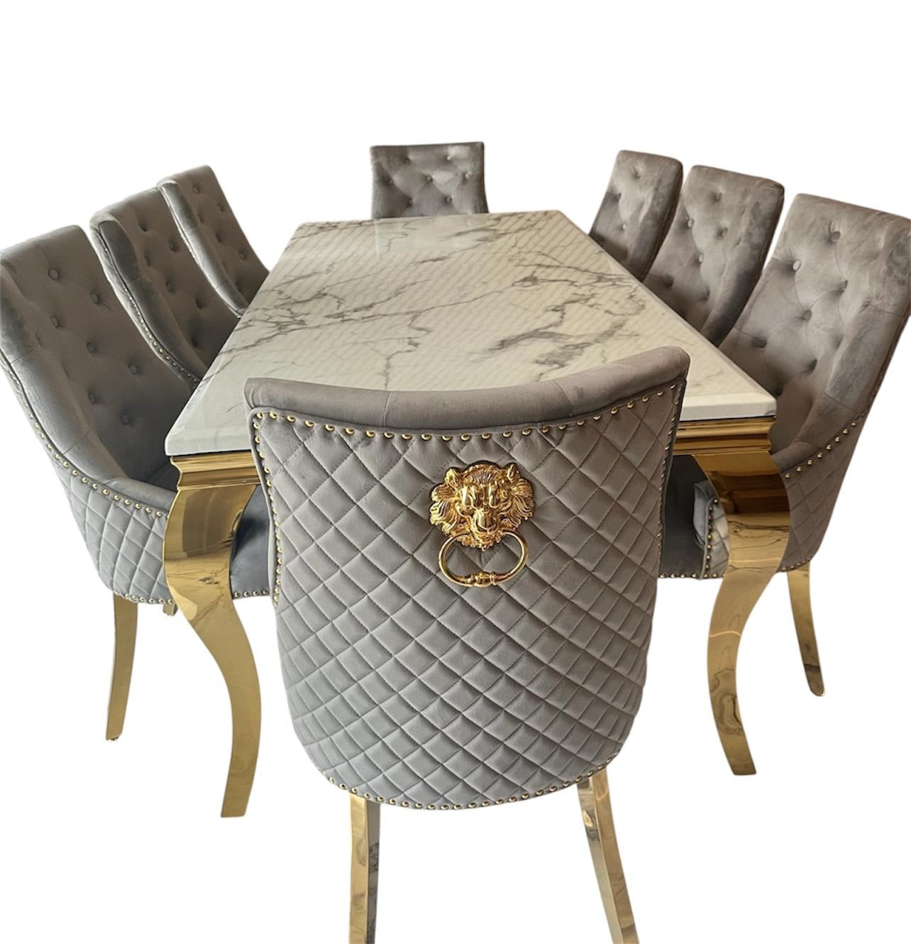 Clara Gold Dining Table Set with Velvet Lion-Head Chairs