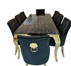 Clara Gold Dining Table Set with Velvet Lion-Head Chairs