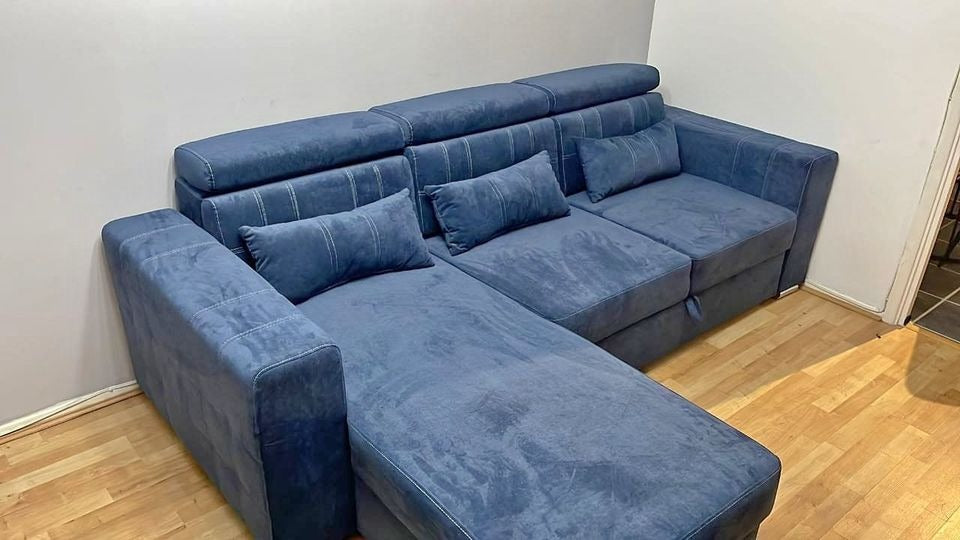 Luca Corner Sofa Bed with Storage in Grey & Blue - Modern Design, Adjustable Headrest, Universal