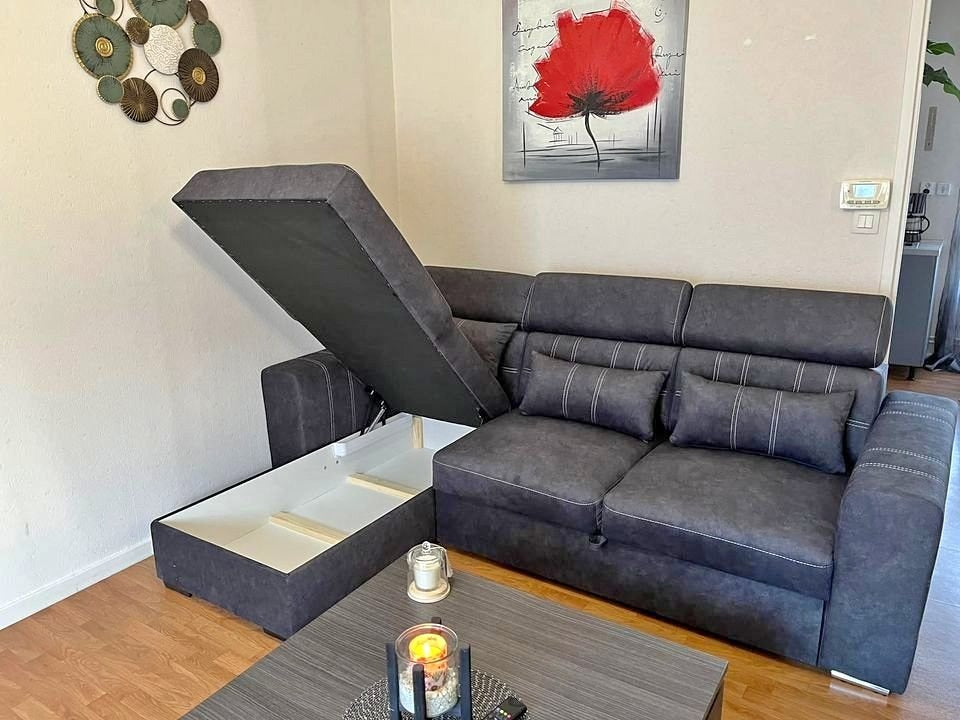 Luca Corner Sofa Bed with Storage in Grey & Blue - Modern Design, Adjustable Headrest, Universal