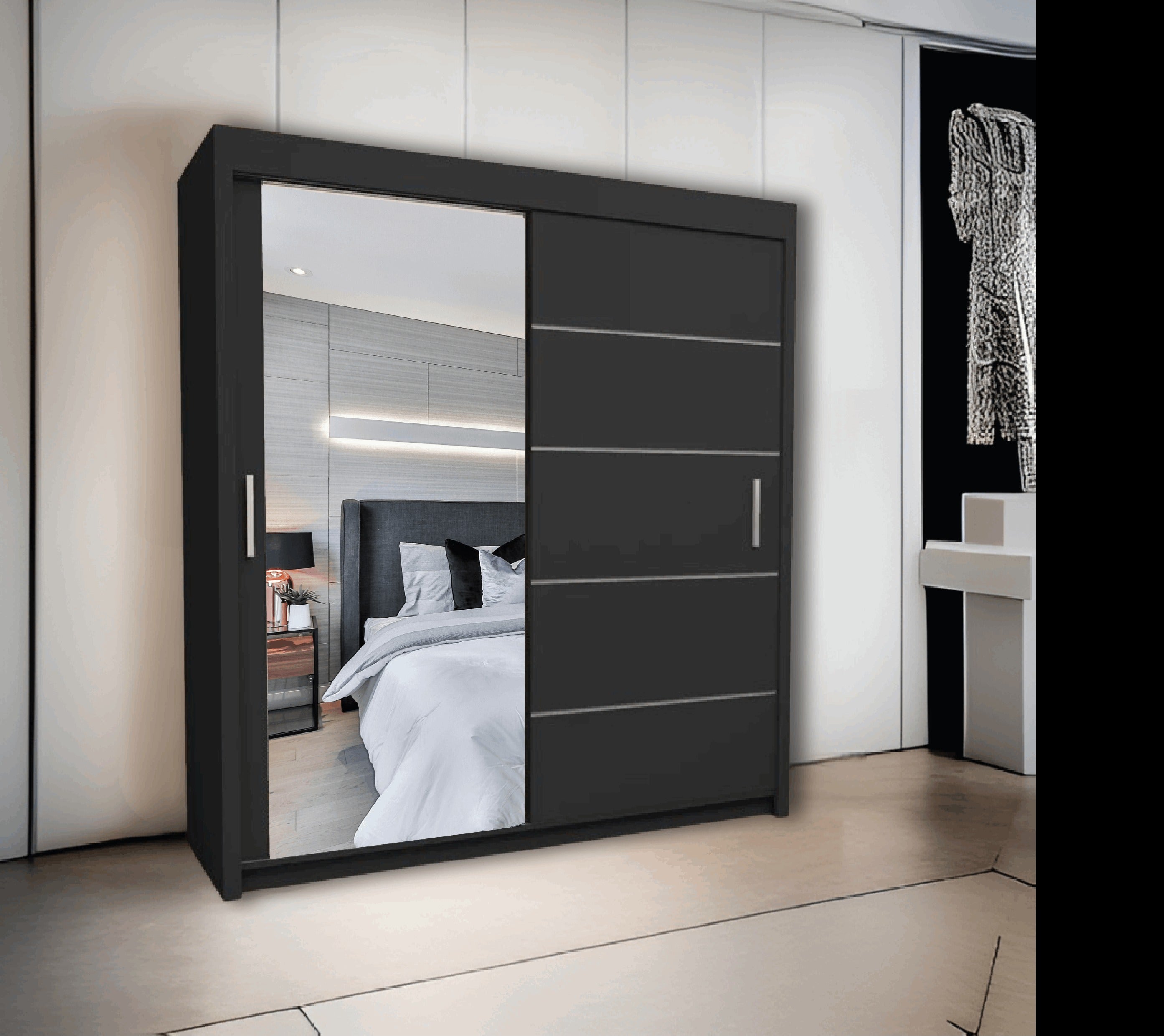 Lyon Mirror Sliding Door Wardrobe - Modern Design,Ample Storage, White/Grey/Black/Oak