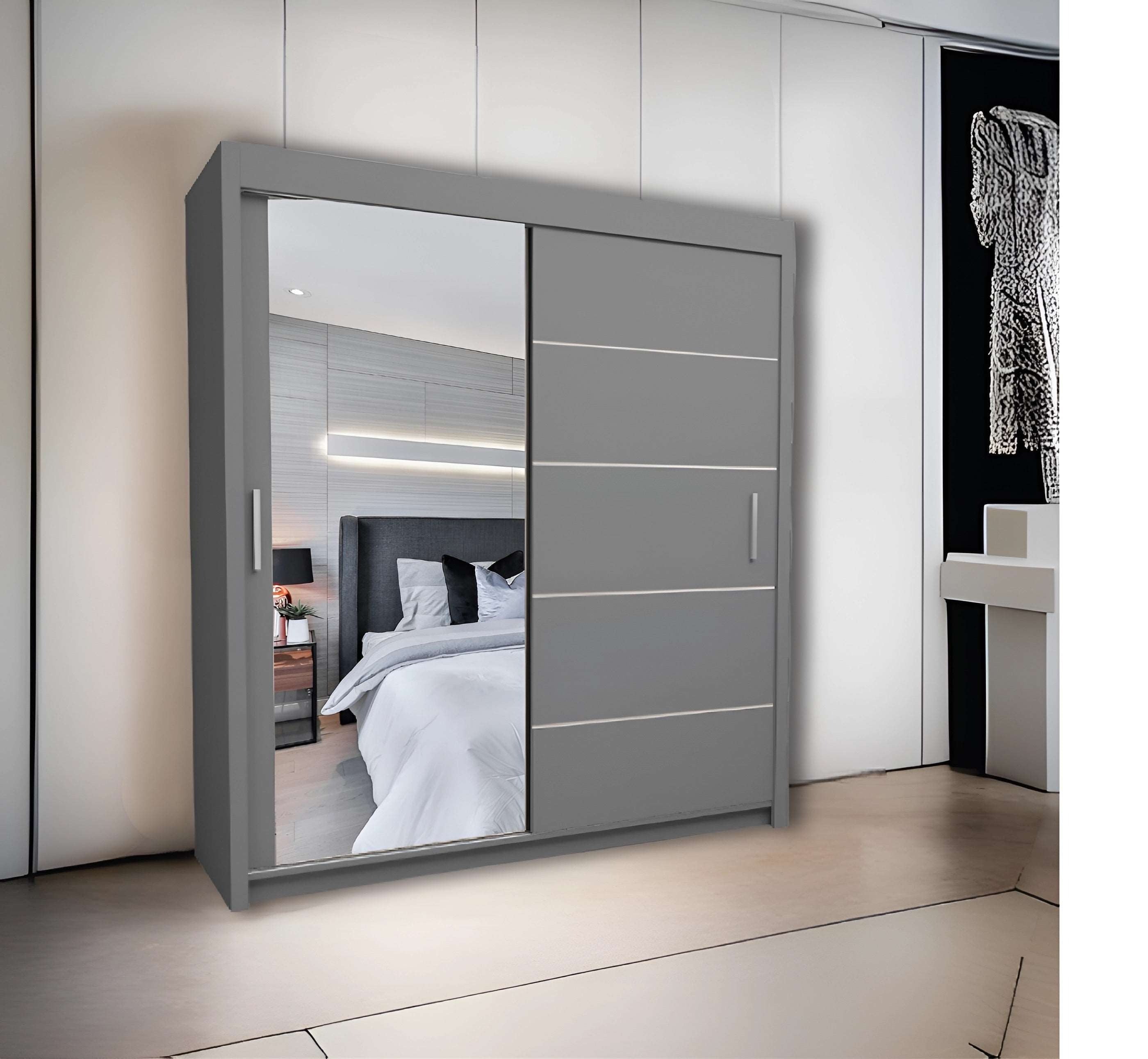 Lyon Mirror Sliding Door Wardrobe - Modern Design,Ample Storage, White/Grey/Black/Oak