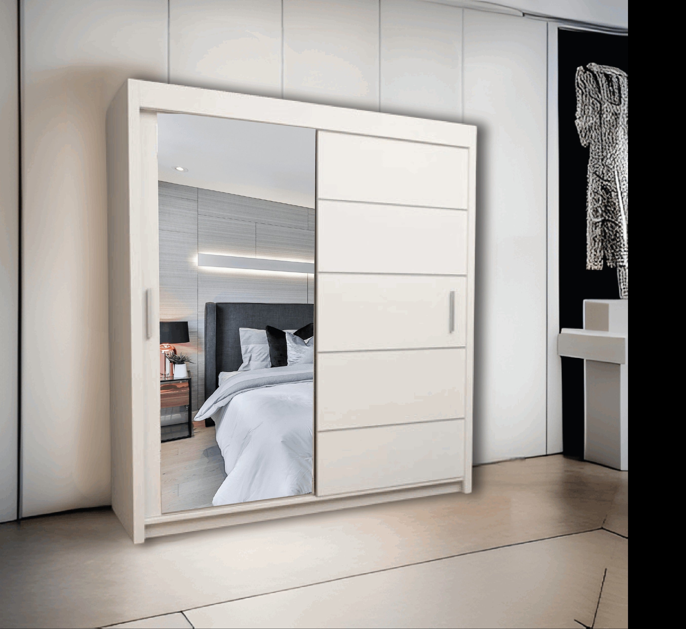 Lyon Mirror Sliding Door Wardrobe - Modern Design,Ample Storage, White/Grey/Black/Oak