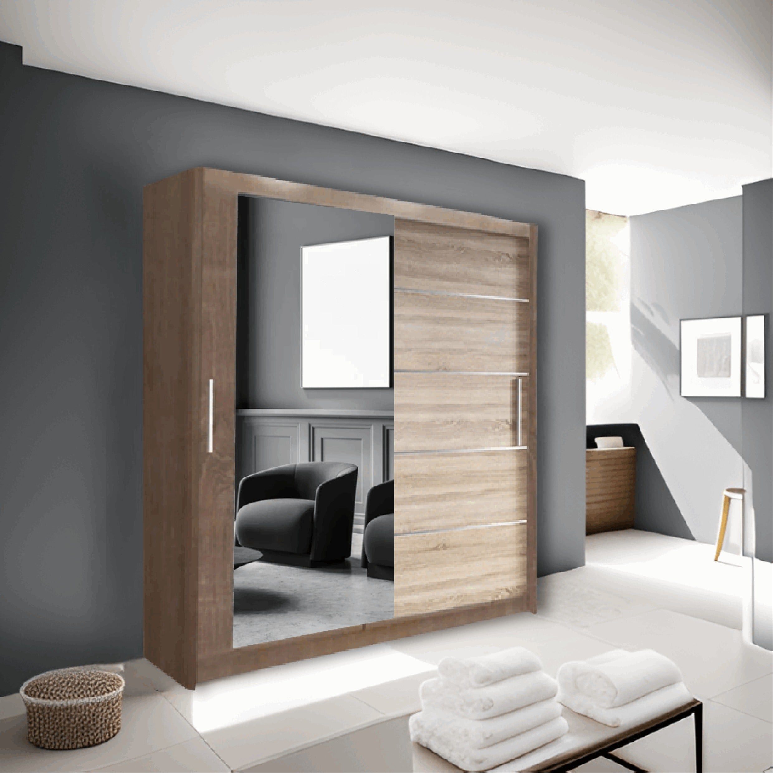 Lyon Mirror Sliding Door Wardrobe - Modern Design,Ample Storage, White/Grey/Black/Oak
