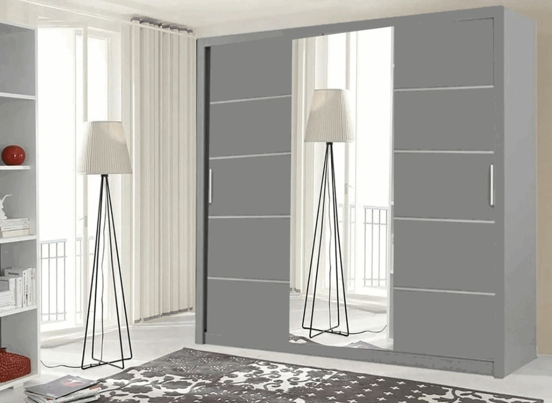 Lyon Mirror Sliding Door Wardrobe - Modern Design,Ample Storage, White/Grey/Black/Oak