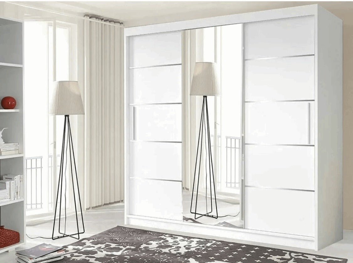 Lyon Mirror Sliding Door Wardrobe - Modern Design,Ample Storage, White/Grey/Black/Oak