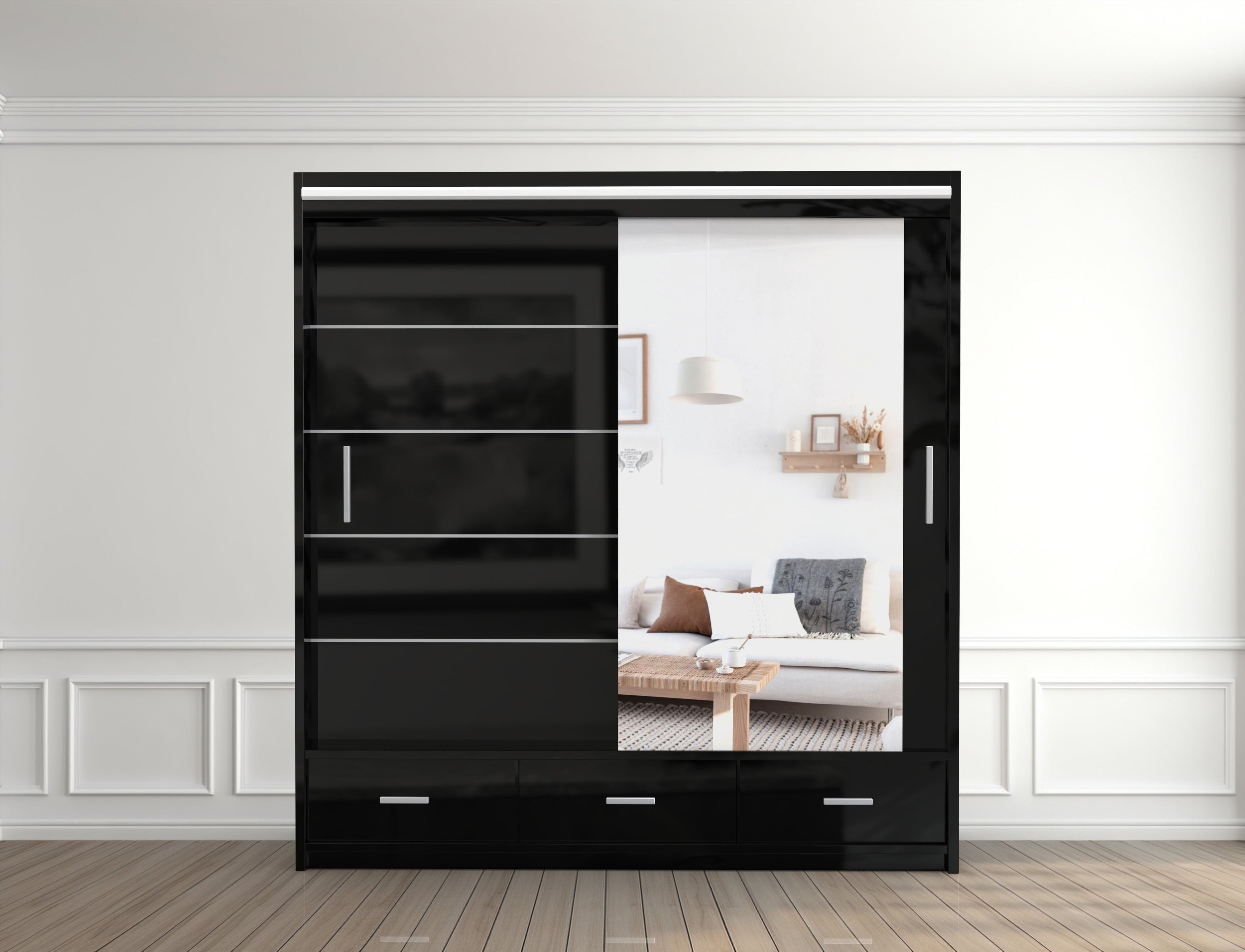 Florence High Gloss Wardrobe with Sliding Mirrors and Metallic Handles