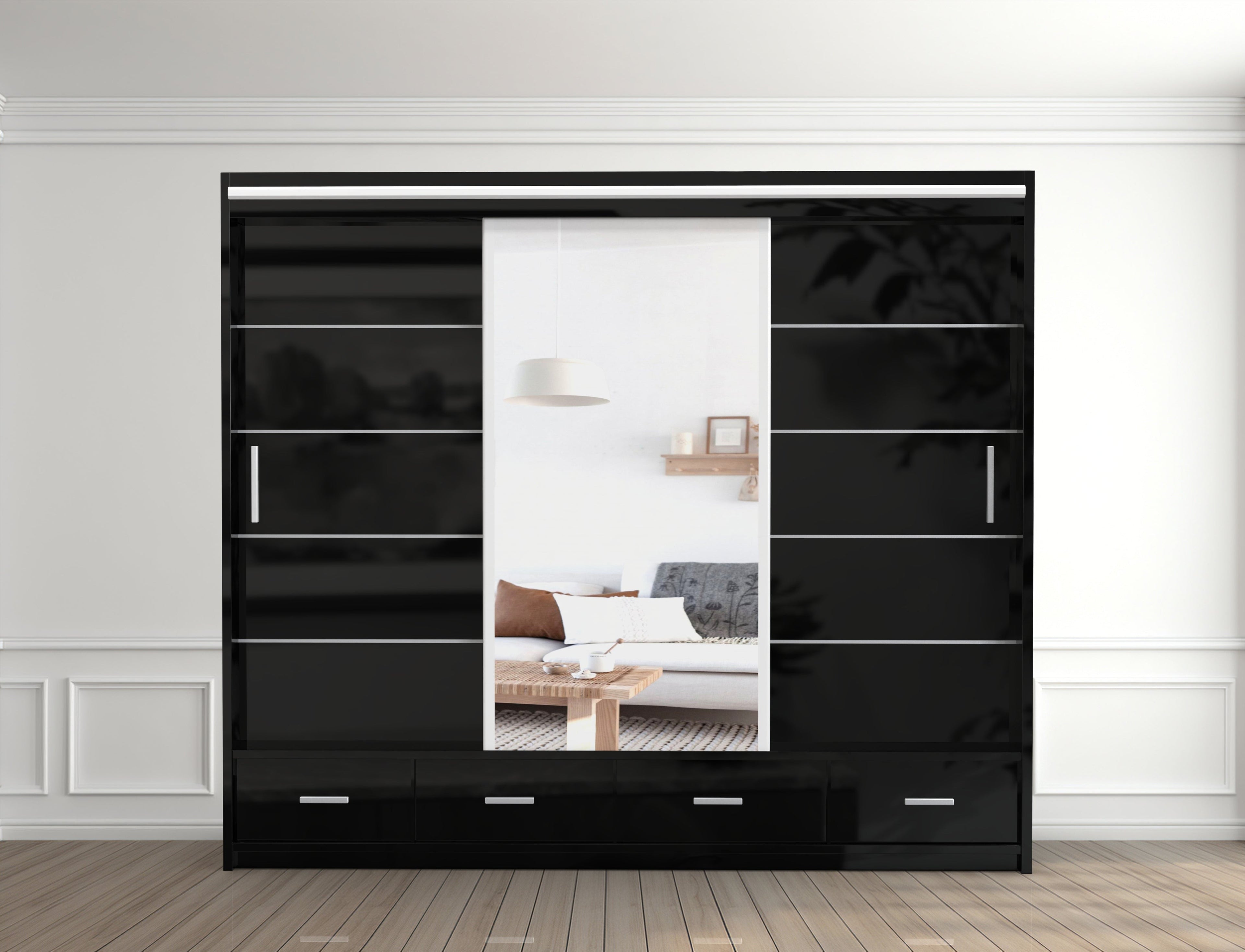 Florence High Gloss Wardrobe with Sliding Mirrors and Metallic Handles