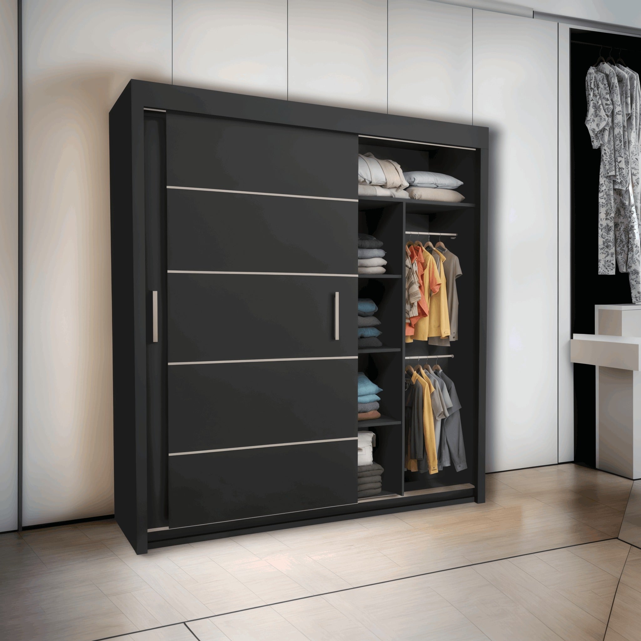 Lyon Mirror Sliding Door Wardrobe - Modern Design,Ample Storage, White/Grey/Black/Oak