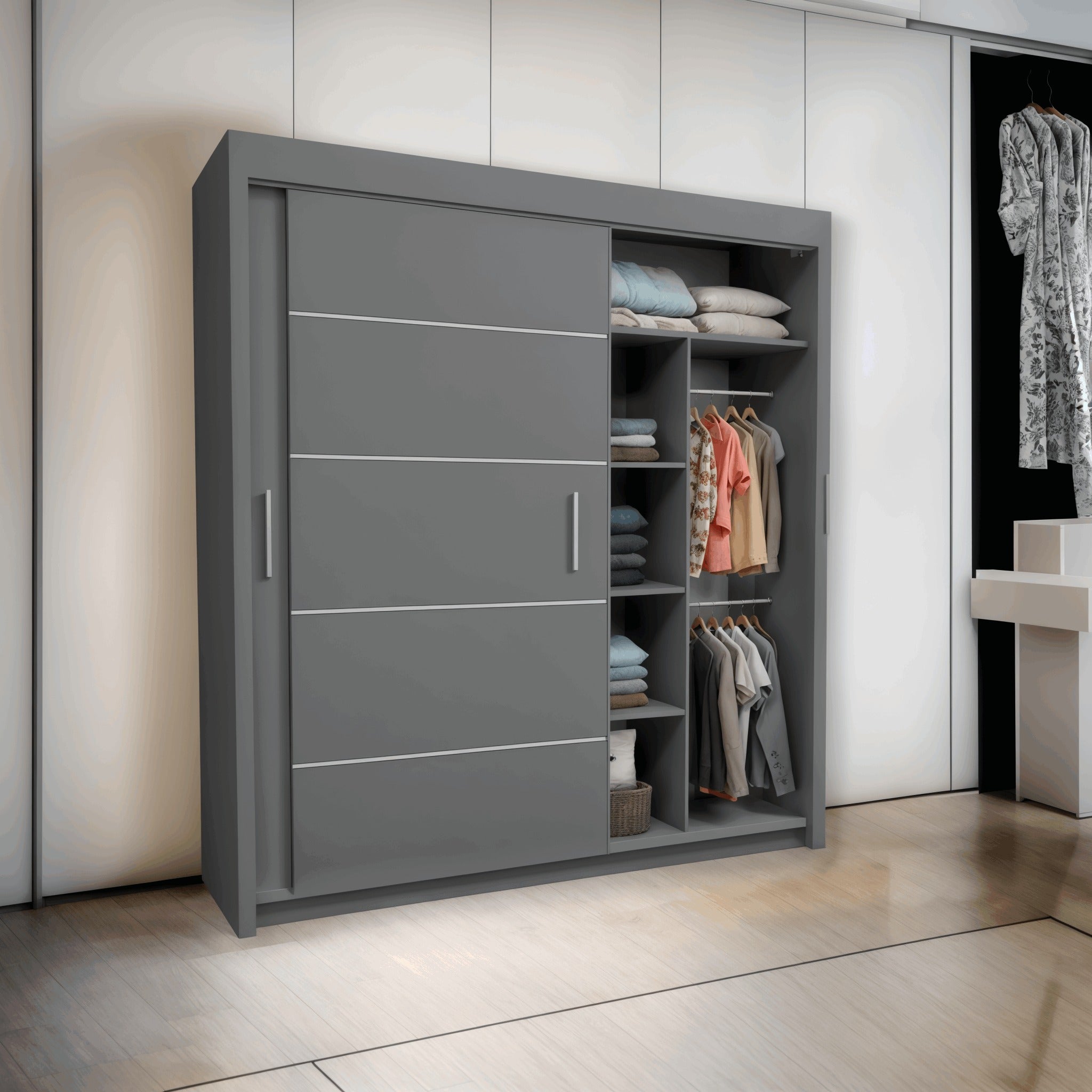 Lyon Mirror Sliding Door Wardrobe - Modern Design,Ample Storage, White/Grey/Black/Oak