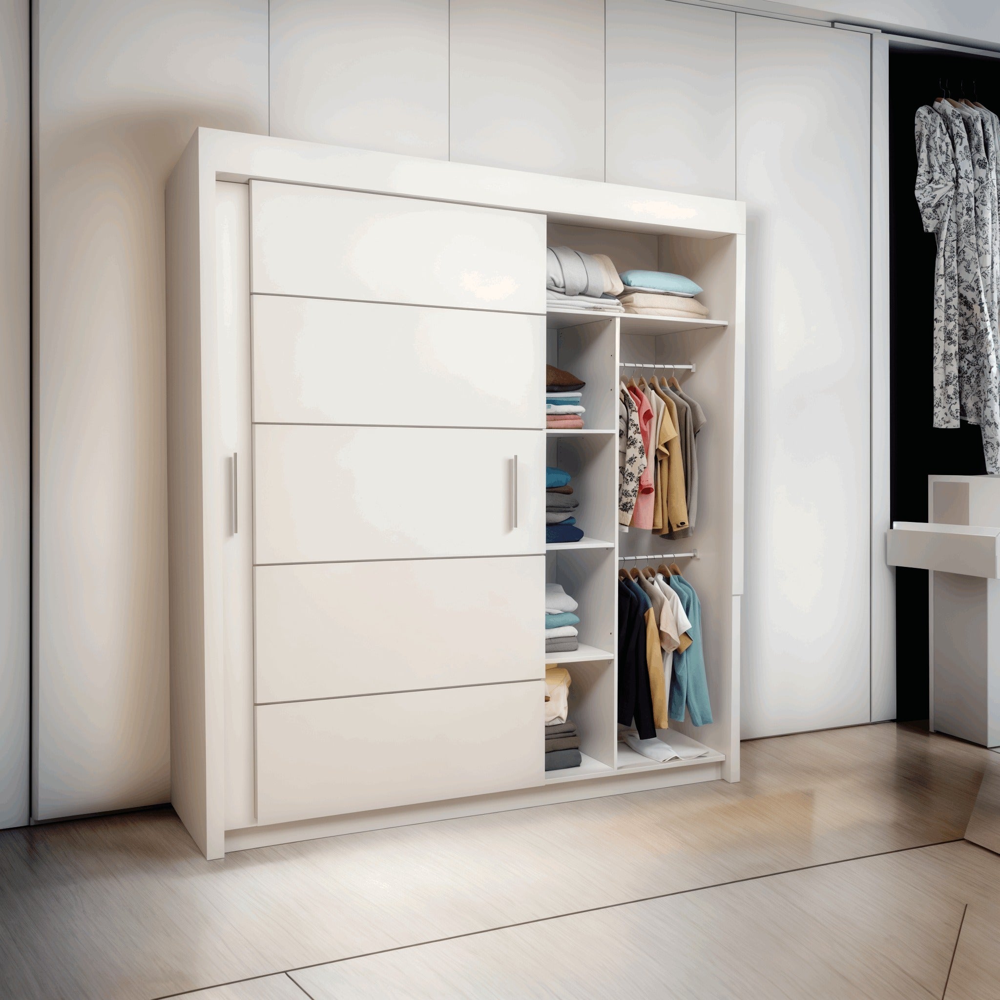 Lyon Mirror Sliding Door Wardrobe - Modern Design,Ample Storage, White/Grey/Black/Oak