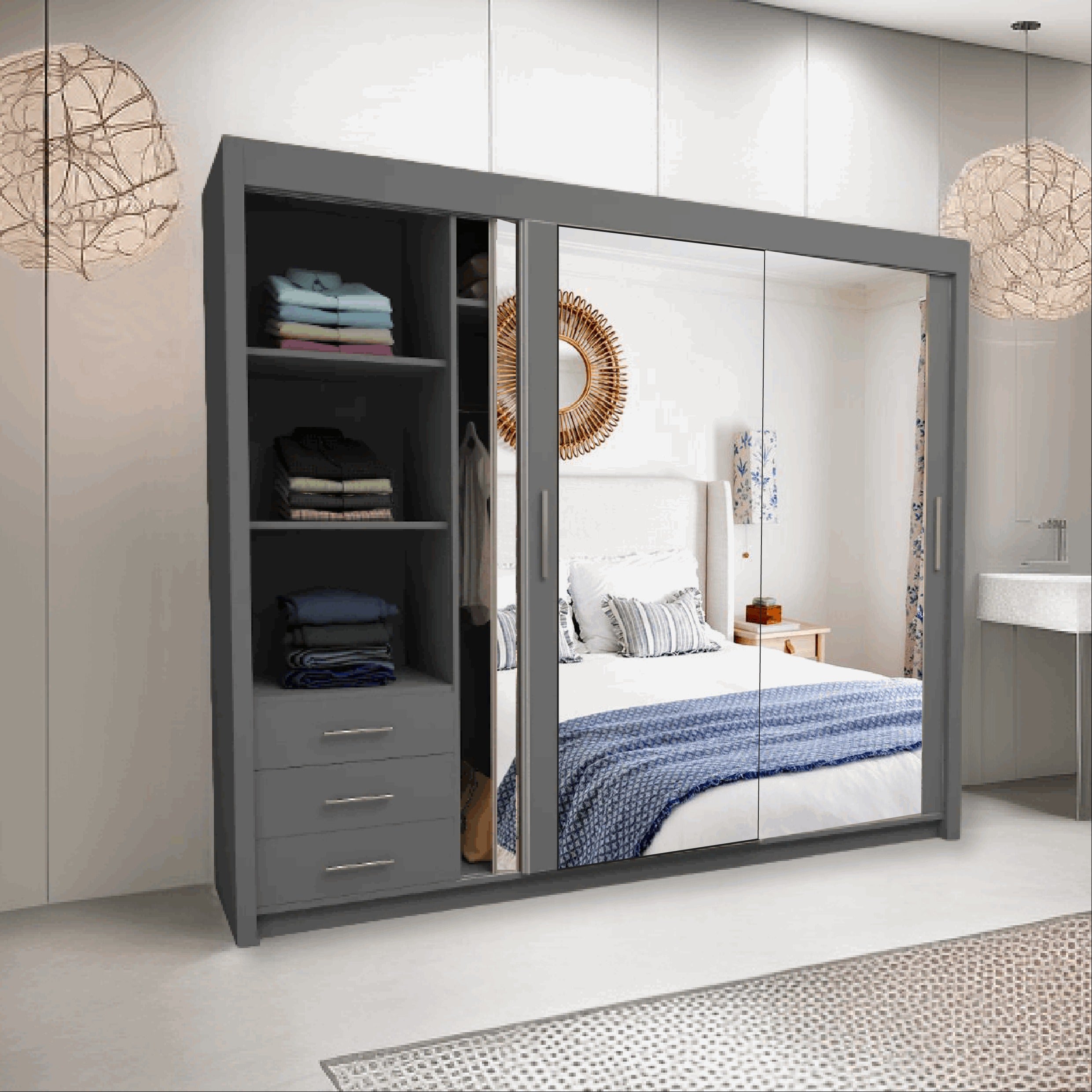Milan Sliding Mirror Wardrobe 2 and 3 Doors Option, Full-Length Mirrors, Ample Hanging Space & Shelves