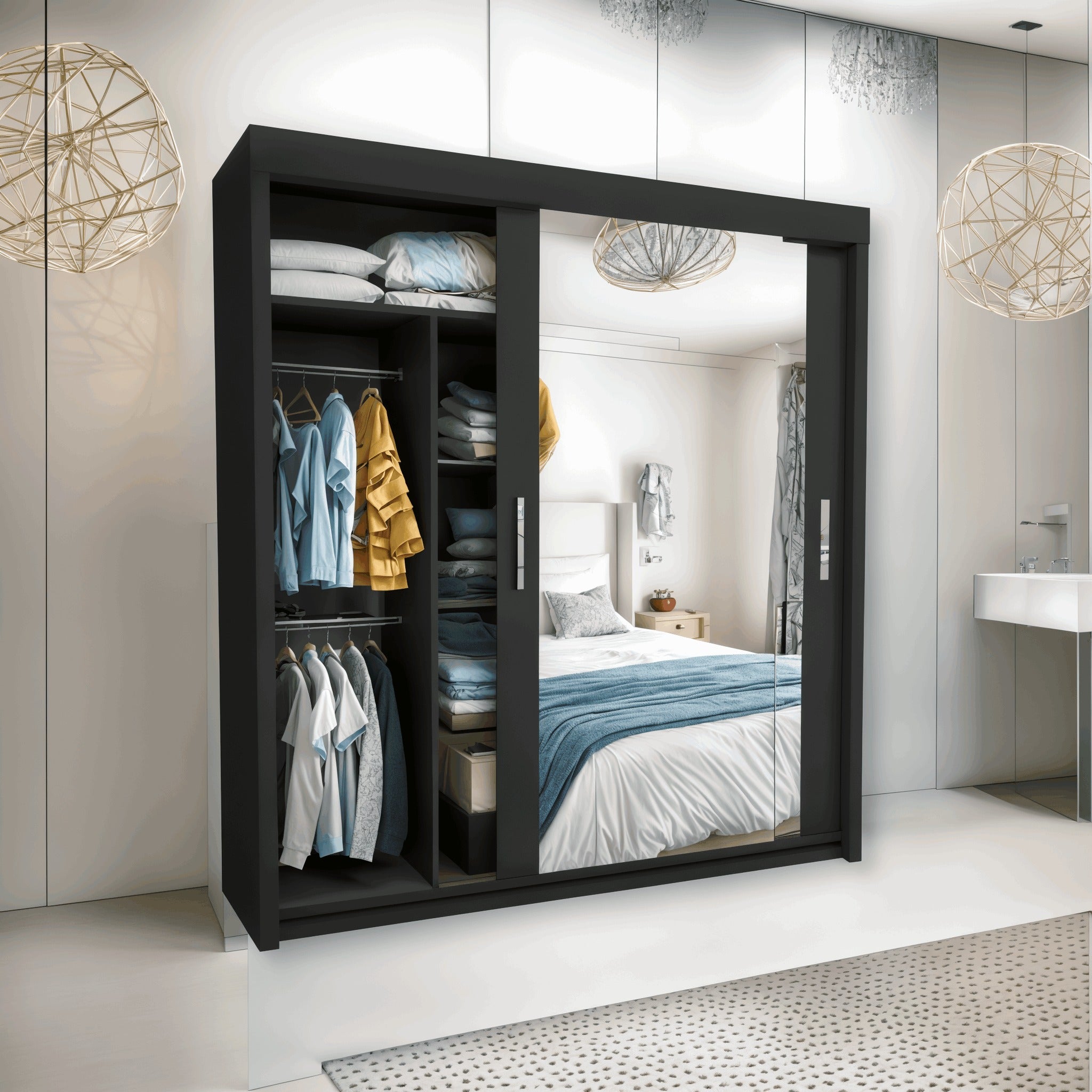 Milan Sliding Mirror Wardrobe 2 and 3 Doors Option, Full-Length Mirrors, Ample Hanging Space & Shelves