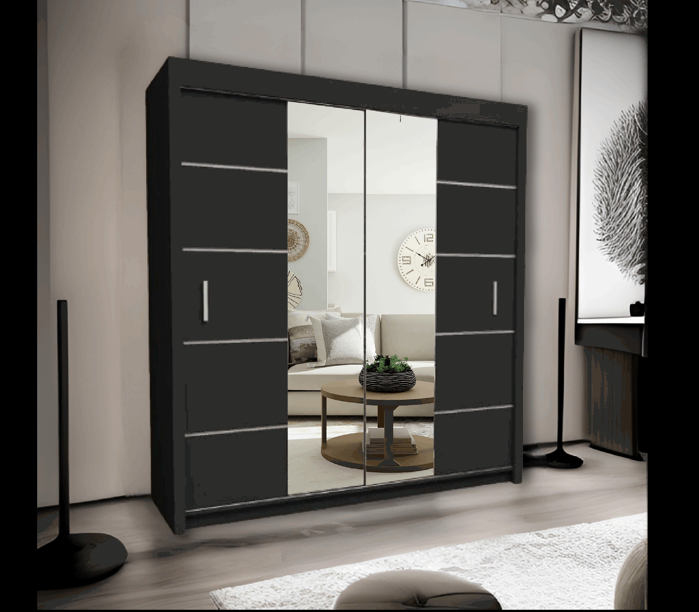 Oslo Mirror Sliding Wardrobe for bedroom - Grey, White and Black