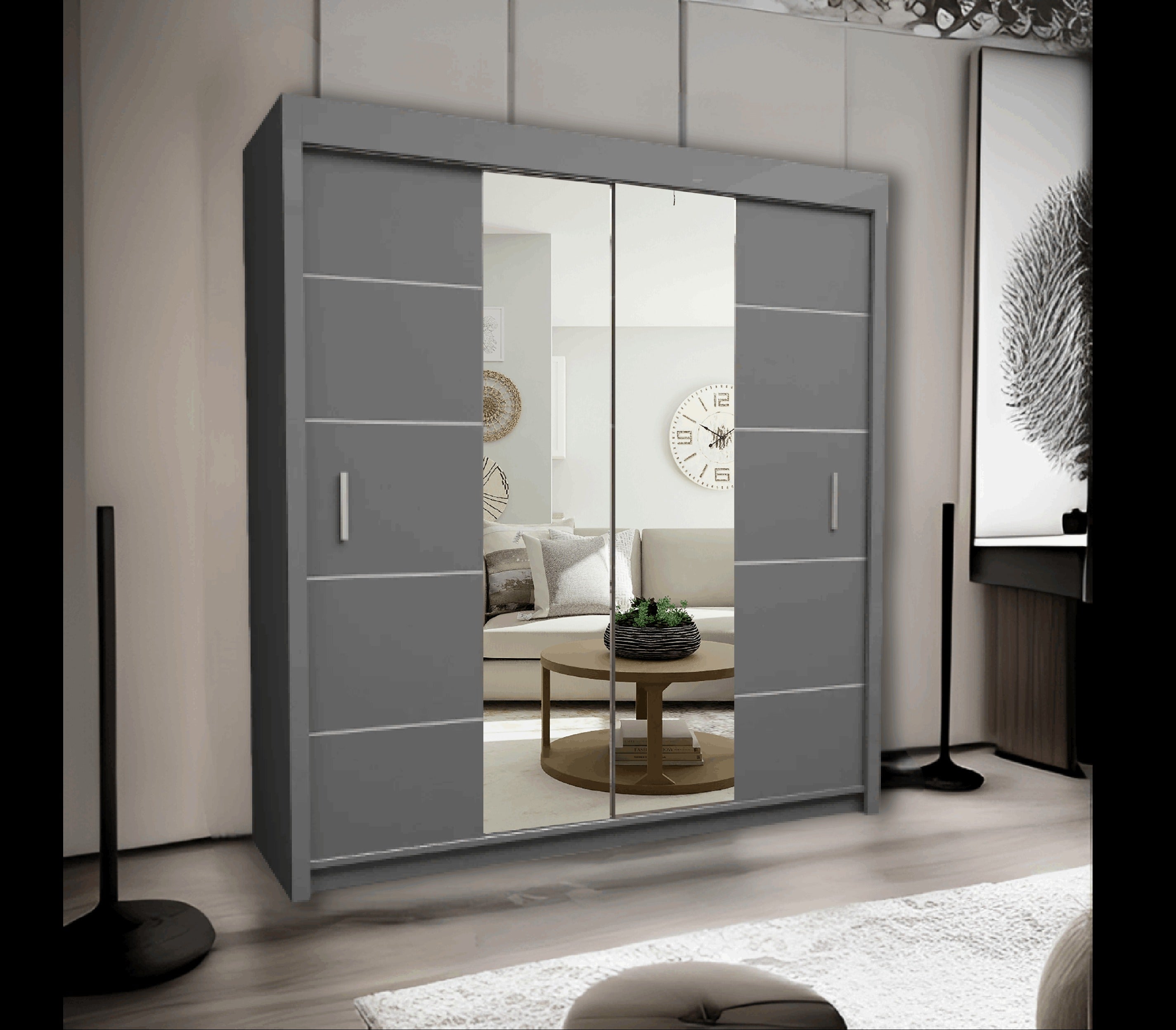 Oslo Mirror Sliding Wardrobe for bedroom - Grey, White and Black