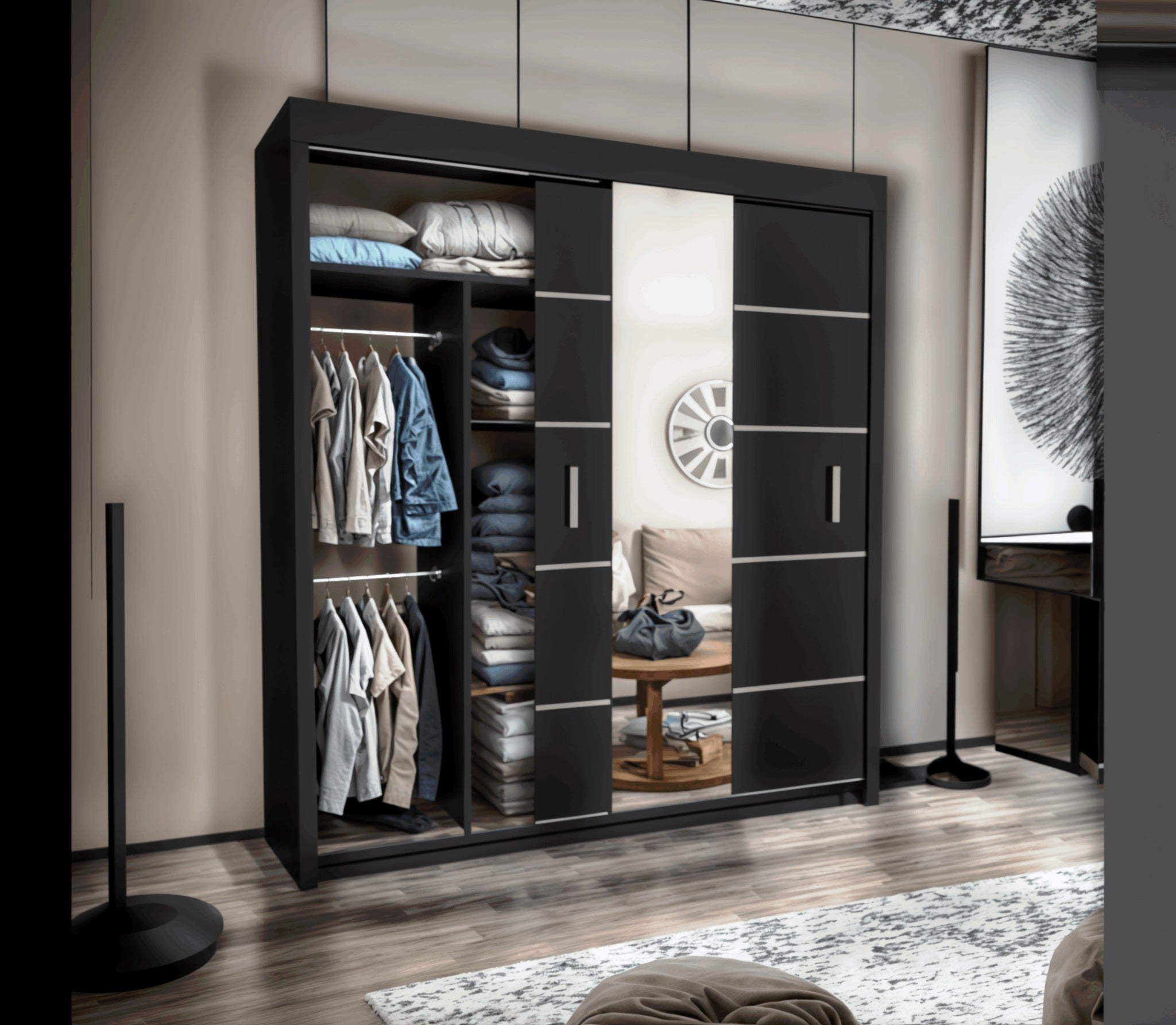 Oslo Mirror Sliding Wardrobe for bedroom - Grey, White and Black