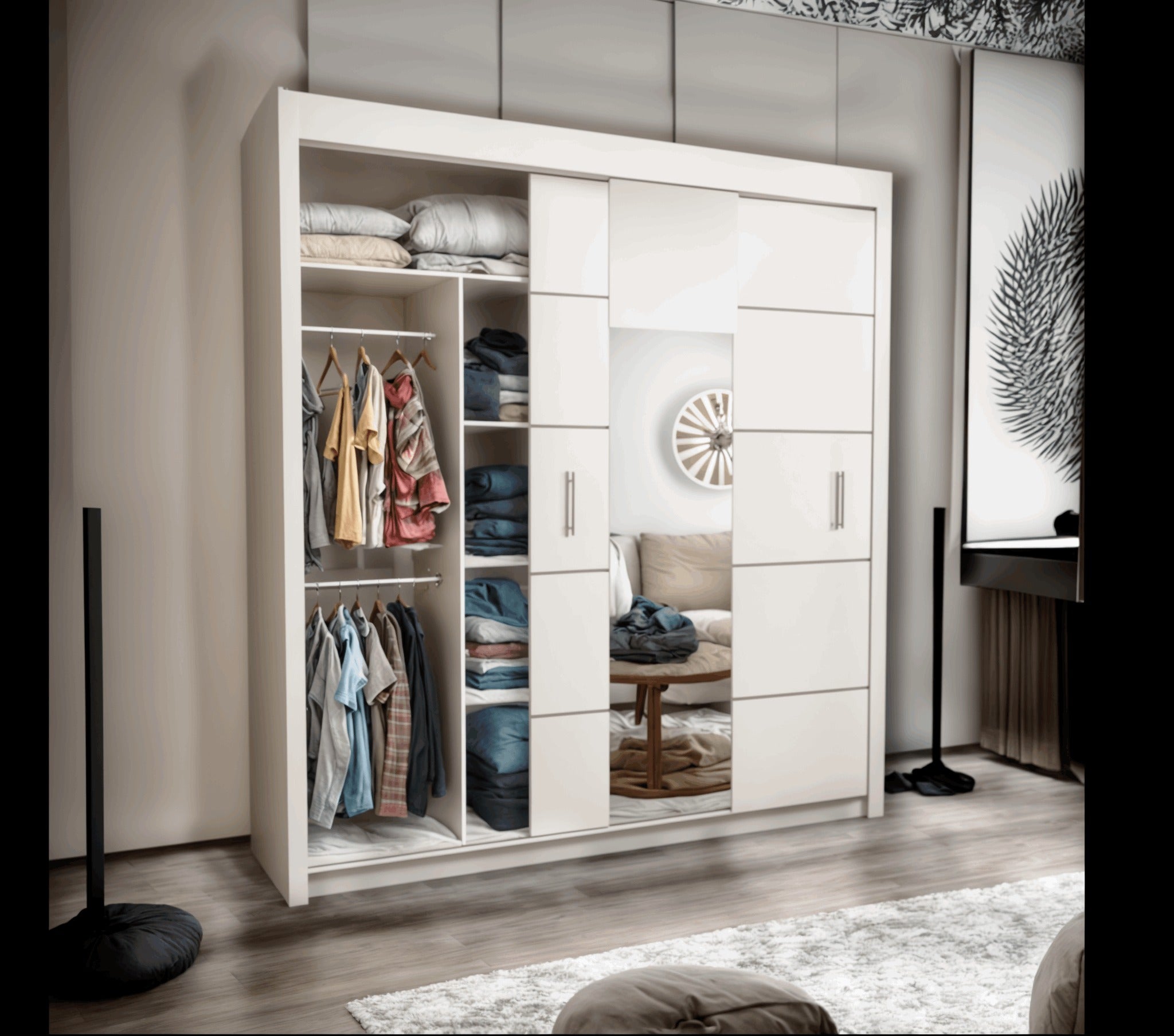 Oslo Mirror Sliding Wardrobe for bedroom - Grey, White and Black